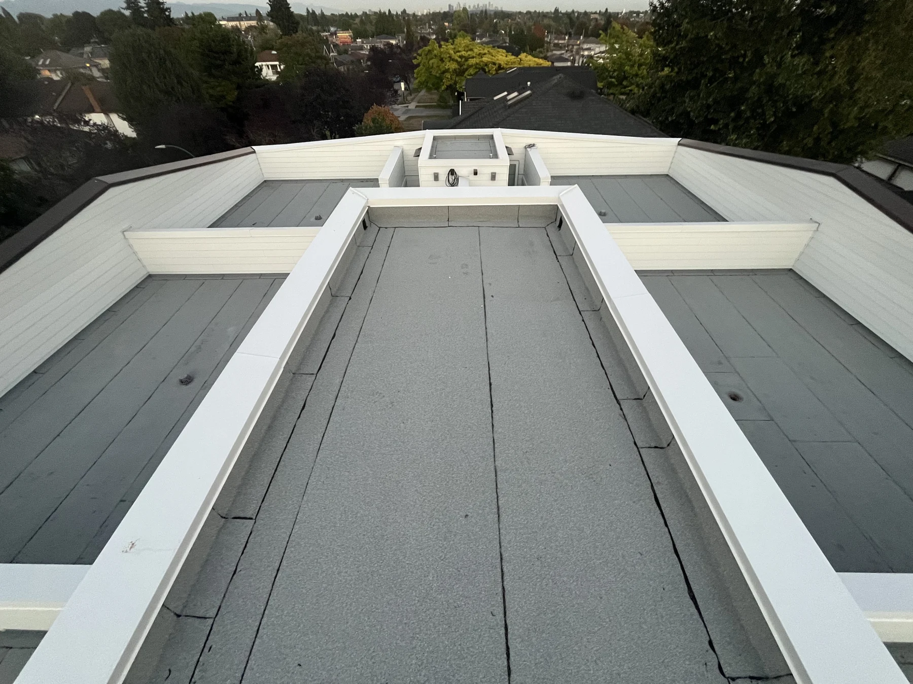 Metal roof surfaces and adjoining roof sections